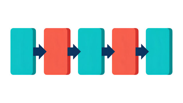 Horizontal five step process flowchart diagram with alternating colored rectangular boxes and directional arrows for professional business