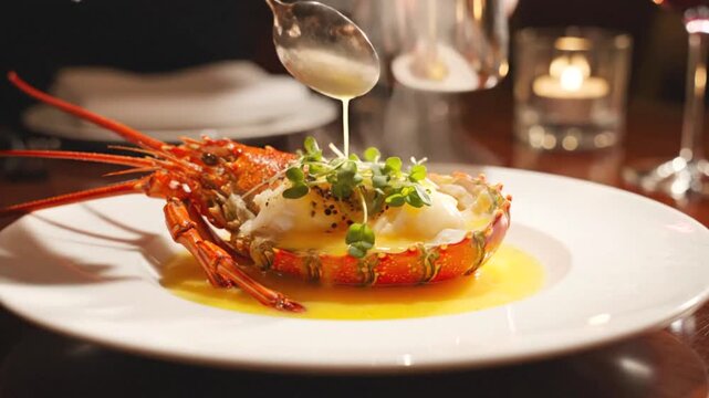 A gourmet lobster dish served at a fine dining restaurant with butter sauce.