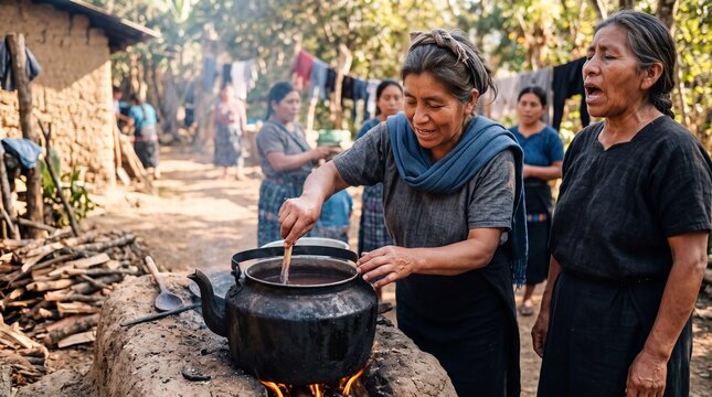 Whispering chants around iron kettle