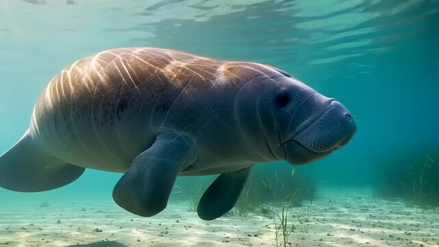 A graceful manatee swimming in clear shallow coastal waters.