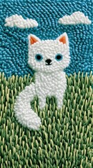 Obraz premium Cute white cat embroidery wallpaper with sky and grass for mobile phone