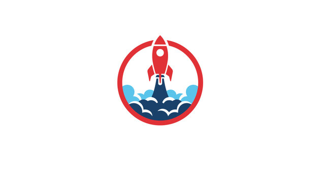 Red rocket ship launching through white and blue clouds inside a circular emblem representing startup business vector.
