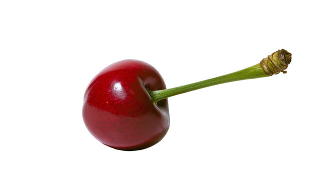 Single ripe red cherry with green stem, isolated on transparent background
