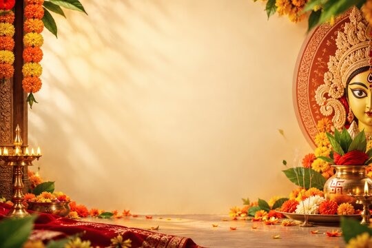 Durga Puja festival background with goddess idol marigold flowers and traditional oil lamps
