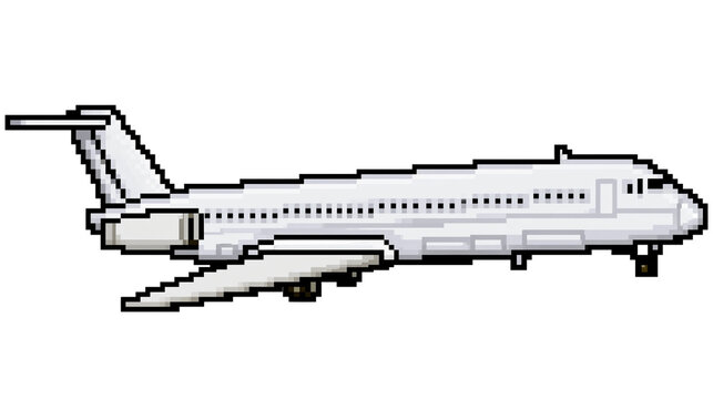 Pixelated white passenger jet airplane with black outlined windows, isolated on transparent background
