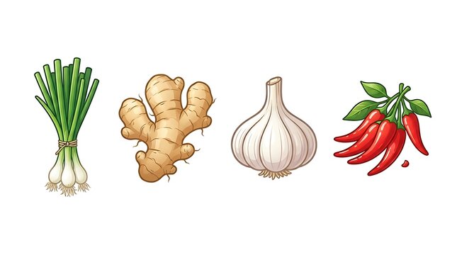 Fresh spices and vegetables illustration set with green onion ginger garlic and red chili peppers