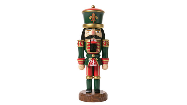 Traditional wooden nutcracker soldier with green uniform and red accents, isolated on transparent background