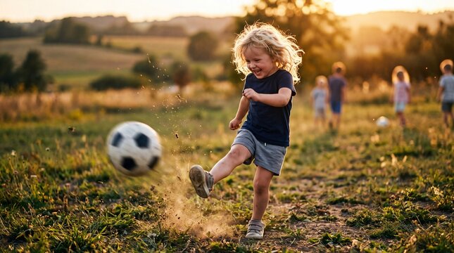 Little Scandinavian Girl Kicking Soccer Ball Outdoors