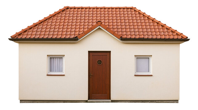 Small beige house with red tiled roof brown door and windows, isolated on transparent background