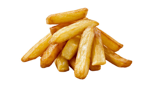 Golden crispy french fries pile, perfectly isolated on transparent background