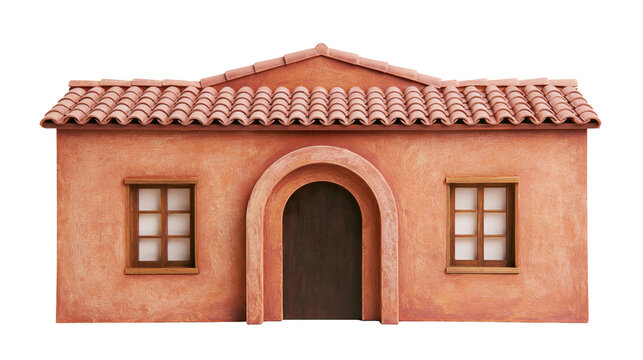 Terracotta stucco house with arched doorway and tiled roof, isolated on transparent background