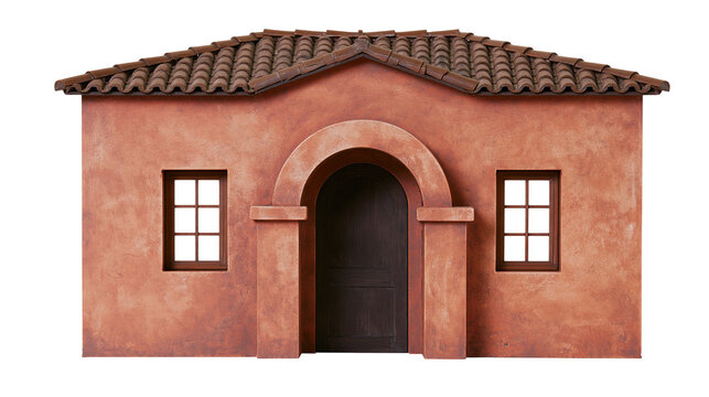 Terracotta stucco house with arched doorway and tiled roof, isolated on transparent background