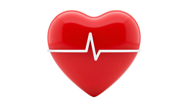 Shiny red heart with white electrocardiogram line, isolated on transparent background