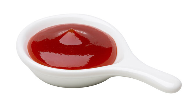 Red tomato ketchup sauce in a white ceramic dipping dish, isolated on transparent background