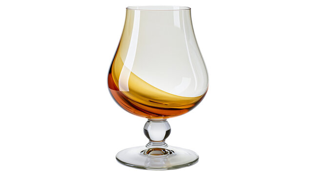 Amber liquid swirling in a clear glass snifter, isolated on transparent background