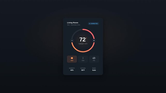 Modern Digital Thermostat Interface for Living Room - Dark Mode UI with Orange Accents, Subtle Animations
