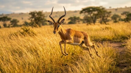 Fototapeta premium Impala Leap in Savannah: An impala with majestic curved horns leaps dynamically through a golden savannah, its sleek body silhouetted against the warm, late afternoon sun.