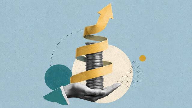 Open hand holding a stack of coins wrapped in a gold arrow spiralling upward. Rising profit, investment return and financial growth