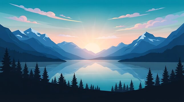 Symmetrical Vector Illustration of Sunrise Over Calm Mountain Lake Surrounded by Pine Forest