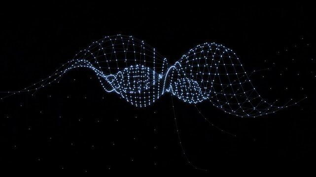 Abstract Digital Wave Form Composed of Glowing Connected Nodes Moving Fluidly Against a Dark Black Background