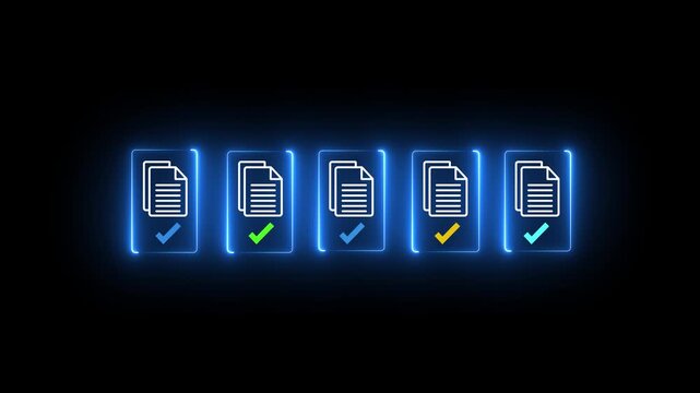 digital procurement workflow concept showing a hand selecting invoice documents with verification icons.Suitable for ERP software,B2B purchase management and paperless approval systems.4k motion video