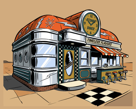 Retro 1950s atomic diner illustration. Vintage American roadside restaurant. Googie architecture concept with chrome and mid-century aesthetic.