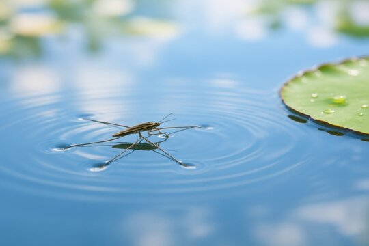 Water strider insect on calm blue water with lily pad, nature and aquatic ecosystem concept