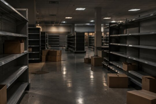 Empty retail shelves with cardboard boxes in closed store, divest and liquidation concept