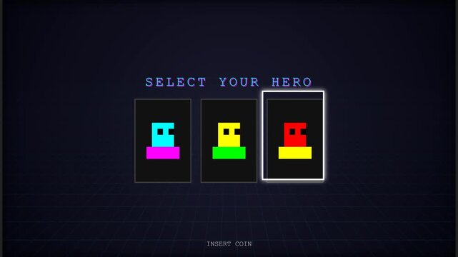 Retro video game character selection screen with pixel art design