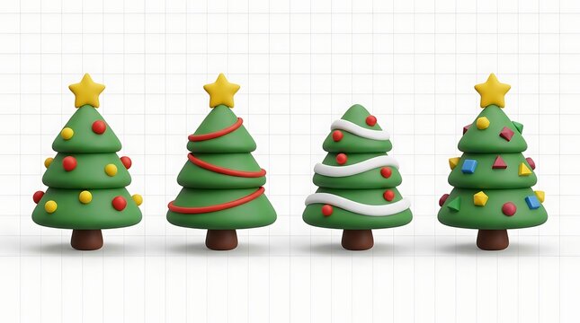 Set of cute 3d stylized clay christmas trees with decorations isolated on white background