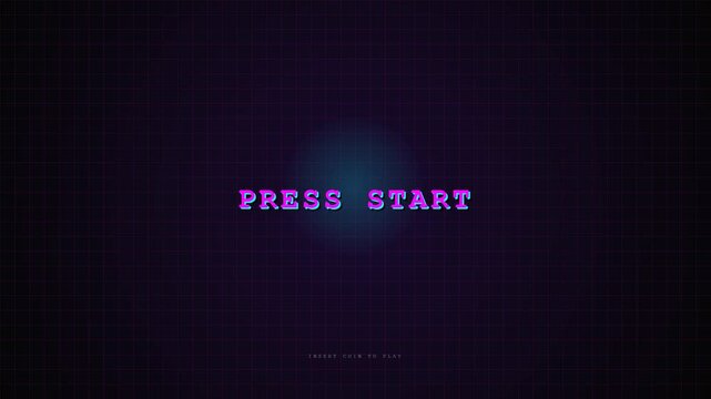Retro video game start screen with pixelated text on dark background