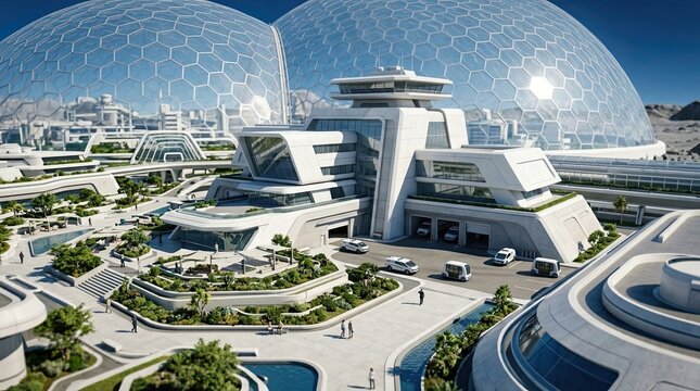 Futuristic Biodome Cityscape: A sprawling, futuristic city showcases innovative architecture with interconnected buildings and massive transparent biodomes under a clear sky.