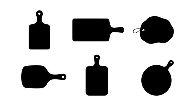 Cutting board silhouette vector set, 6 wooden chopping board icons, kitchen cooking tools