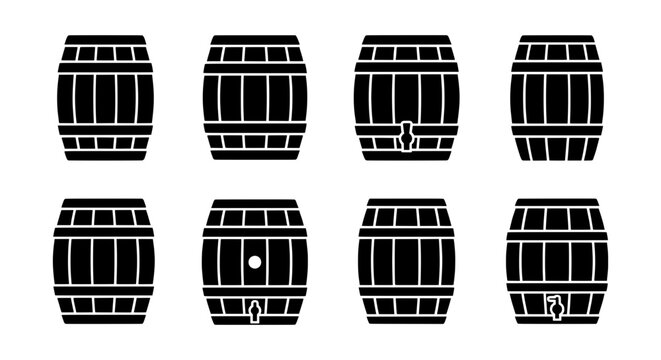 Wooden barrel silhouette icons set, wine cask vectors, beer keg graphic symbols
