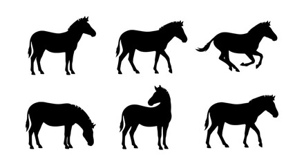 Obraz premium Zebra silhouette vector set, wild horse black silhouettes, safari animal icon collection
