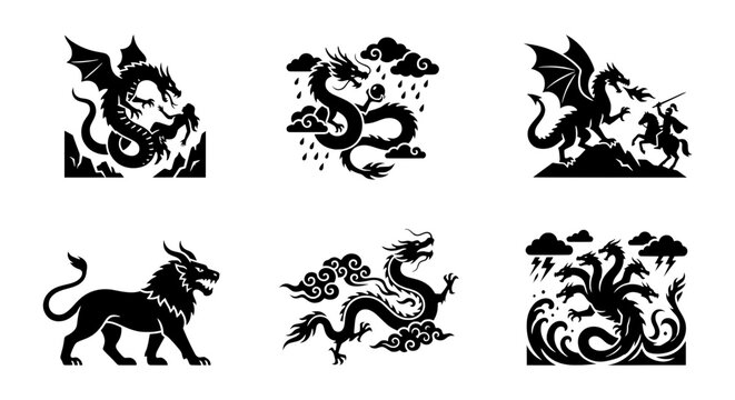 Mythical dragon silhouette vector icon set, heraldic fantasy beast graphics, black monster logos