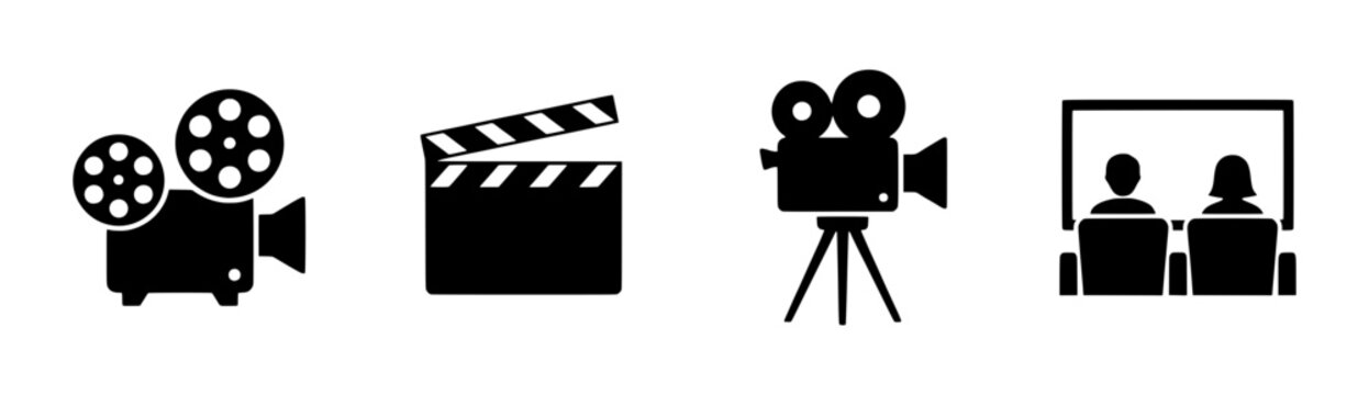 Cinema icon set featuring film projector, movie clapperboard, video camera