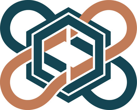 Abstract geometric logo emblem featuring intertwined hexagonal shapes with teal and copper colors for modern corporate branding identity