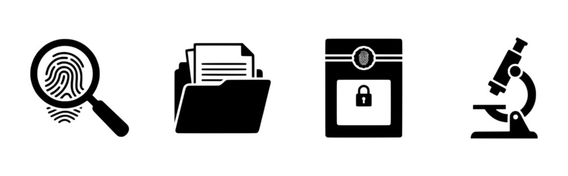 Forensic science and security vector icon set, 4 black investigation symbols, evidence analysis