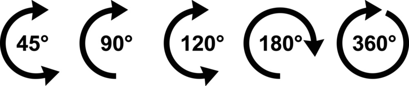 Set of rotation arrows icons showing different angles of turn including 45, 90, 120, 180 and 360 degrees