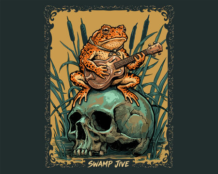 Toad playing guitar on a human skull. Vintage swamp jive illustration. Gothic frog musician vector. Dark swamp vibes artwork.