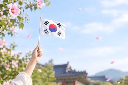 Person waving a south korea flag in a park with flowers