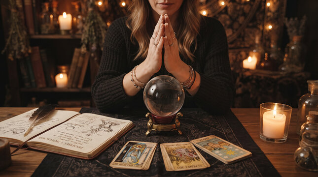 Mystic Fortune Teller: A woman with clasped hands gazes into a crystal ball, surrounded by tarot cards, candles, and occult books, evoking a sense of mystery and spiritual insight.