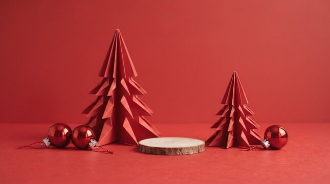 A simple christmas display features small red paper crafted trees and festive ornaments set against a bold monochromatic red backdrop