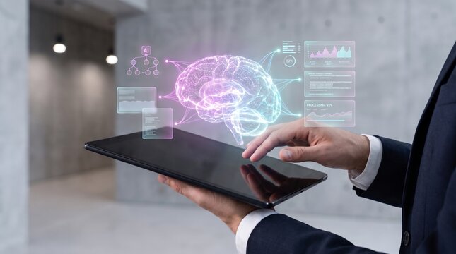 artificial intelligence (ai) and digital analytics concept showing businessman using tablet with glowing brain interface, processing dashboard, and data visualization panels.
