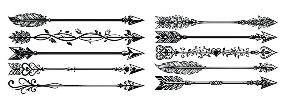 Tribal arrow silhouette collection set, ethnic bow weapon icons for bohemian and rustic design styles vector