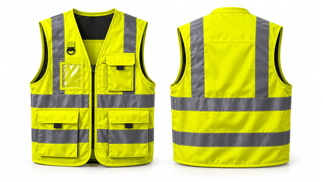 High visibility yellow safety vest with reflective stripes front and back view on white background.