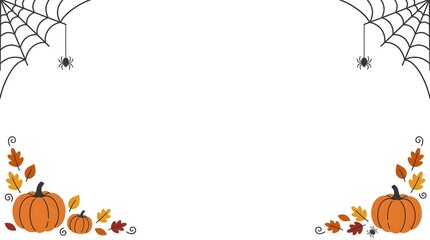 Fototapeta premium Autumn and Halloween background frame with pumpkins, leaves and spiders on white