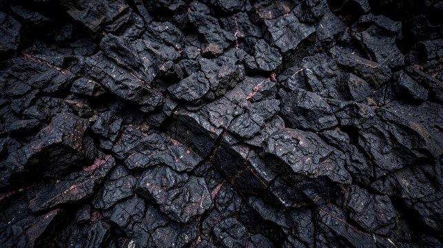 Abstract volcanic rock texture with deep black graphite and muted red mineral accents rugged