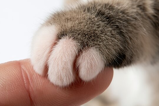 Macro Close Up View of Soft Fluffy Tabby Cat Paw Touching Human Finger Isolated on White Background Pet Trust Partnership Concept